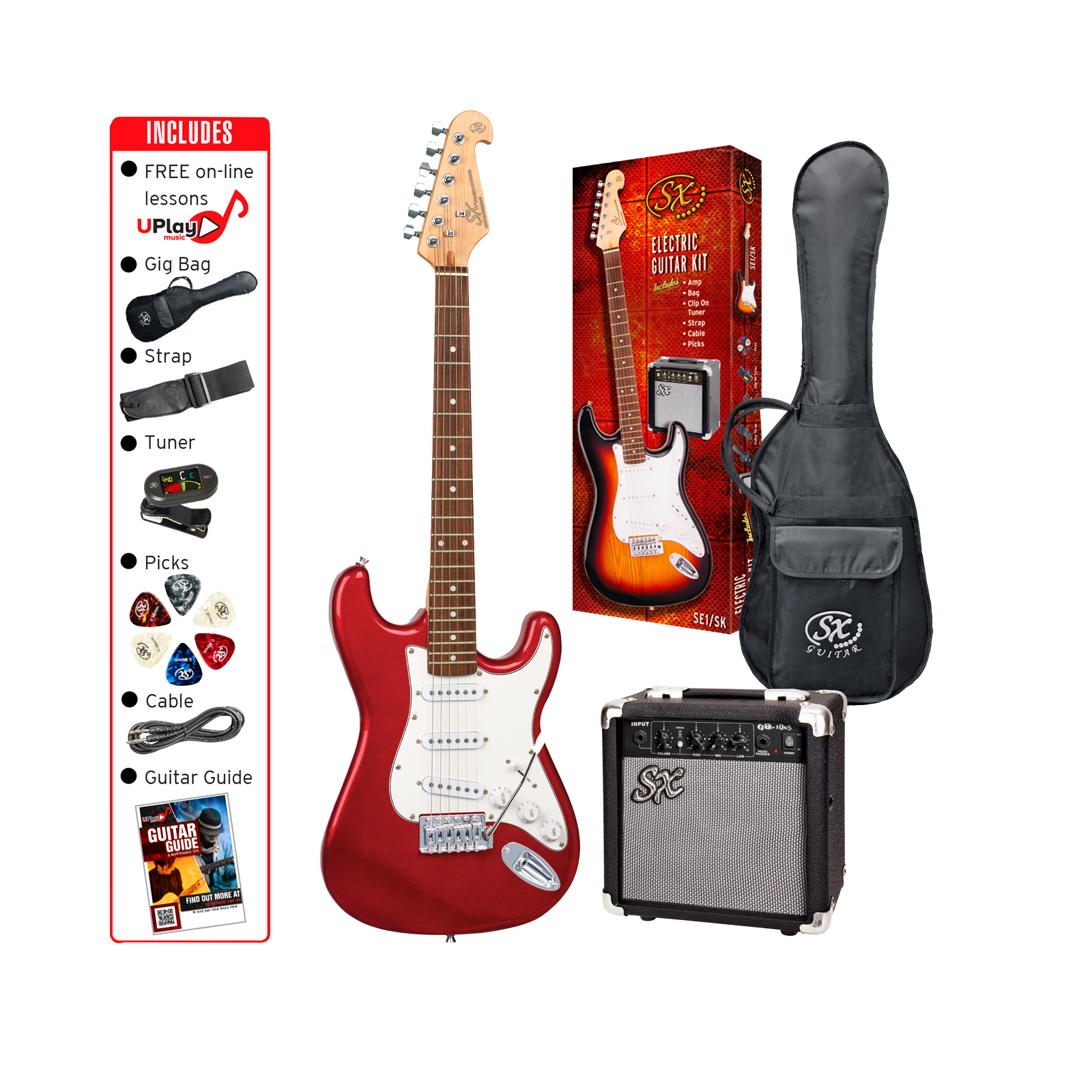 SX SE1SKCAR Electric Guitar Pack (Candy Apple Red)