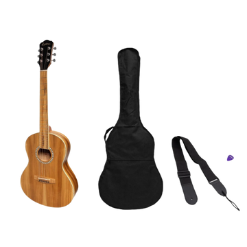 Martinez Acoustic 'Little-Mini' Folk Guitar Pack with Built-In Tuner (Jati-Teakwood)